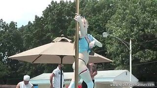 Sexy blond teen chick strips outdoor - porn video