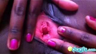 Sexy ebony in red bikini showing her pink pussy holes - porn video
